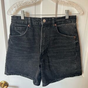 High waisted black wash denim shorts